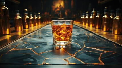 Luxury bar made of marble with yellow neon lighting  