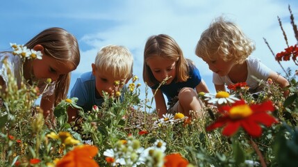 Children exploring a botanical garden, identifying various plants and flowers with interactive educational displays and clear skies