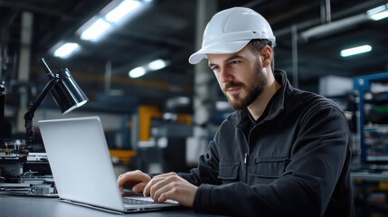 Focused engineer wearing a white hard hat, working on a laptop in an industrial factory environment, surrounded by machinery and tools.