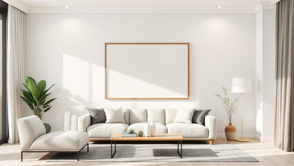 Mock up poster frame in minimalist modern interior room background, natural wooden table and cozy, 3d render