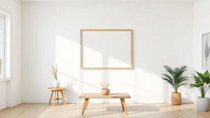 Mock up poster frame in minimalist modern interior room background, natural wooden table and cozy, 3d render