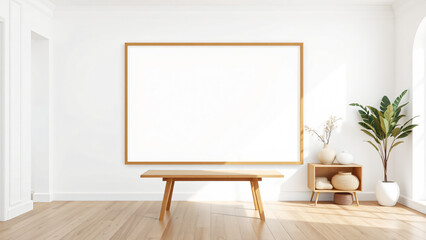 Mock up poster frame in minimalist modern interior room background, natural wooden table and cozy, 3d render