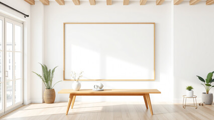 Mock up poster frame in minimalist modern interior room background, natural wooden table and cozy, 3d render