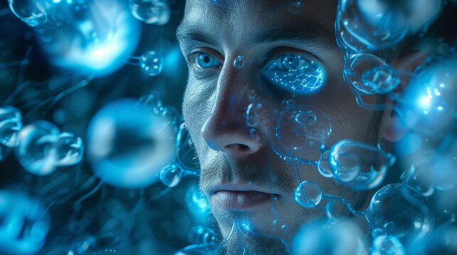 A close-up portrait of a man surrounded by digital holographic effects, featuring blue glowing bubbles and intricate technological details. The image captures a blend of human and digital worlds