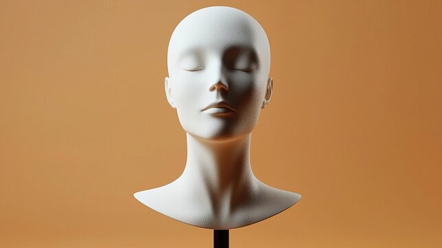 A minimalistic mannequin head display against a warm orange background, showcasing a serene expression and smooth features.