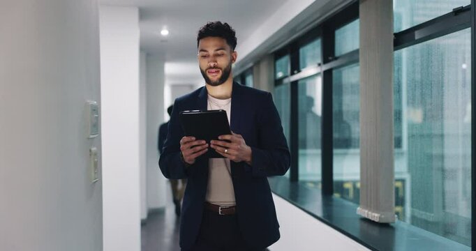Business, man and walking with tablet in office for reading economy news, trading app or investment information. Professional, broker or digital tech for stock trends, market update or cryptocurrency