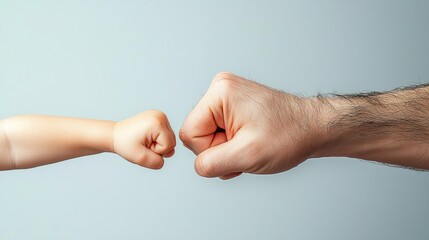 A child's hand and an adult's hand connecting with a fist bump, symbolizing unity, trust, and playful interaction.