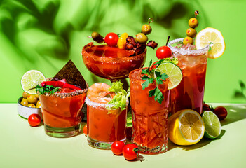 Tomato juice and vodka alcoholic cocktails with hot sauce, salt, pepper, olives and celery. Bloody mary cocktail party. Green  background, hard light