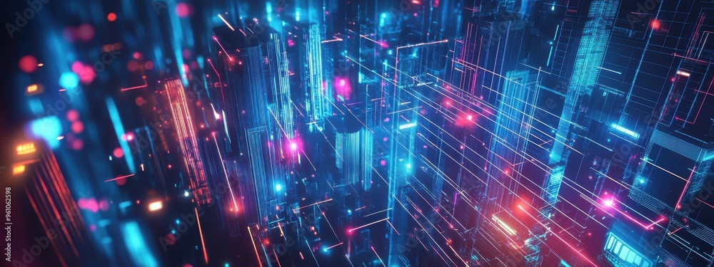 Wall mural A futuristic cityscape with glowing neon lights, digital grid lines and particles, abstract 3D rendering, vibrant colors, technological concept, cyberpunk aesthetic