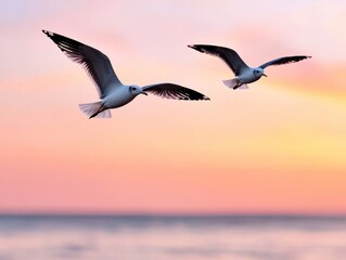 Fototapeta premium two seagulls flying in the sky at sunset over the ocean with a blurred background.