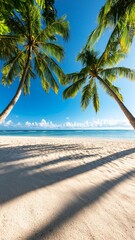 two palm trees framing a tropical beach scene with blue sky and ocean in the background.