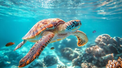 Obraz premium Sea Turtle Glides Through Coral Reef