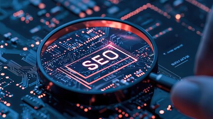Obraz premium A close-up view of a magnifying glass highlighting SEO text on a digital circuit board, symbolizing online optimization.