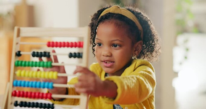 Abacus, counting and education with girl in home dining room to study mathematics for school. Distance learning, equipment and genius with student child in apartment for growth or development