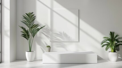 Stylish white square podium mockup in modern interior for showcasing products and designs vertically.