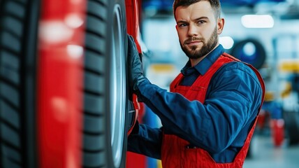 Technician checking the alignment of a car s wheels using a laser alignment tool