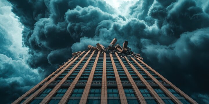 financial crisis illustration shattered skyscraper under dark storm clouds
