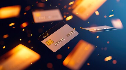 A visually striking representation of floating credit cards illuminated by warm lights, symbolizing modern technology and payments.