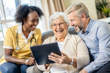 Fototapeta premium Senior woman laughing with family using tablet in living room