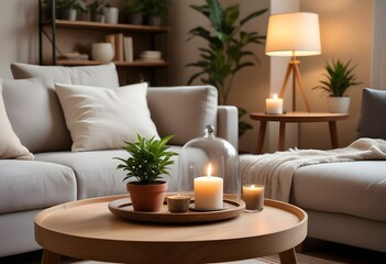 A cozy living room with a wooden coffee table