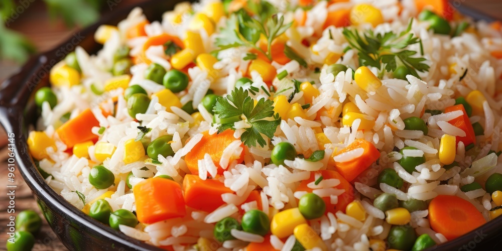 Sticker savory vegetable rice pilaf with green peas, carrots, and sweet corn