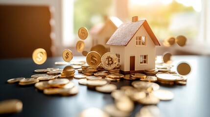 A miniature house surrounded by scattered coins and currency, symbolizing wealth and investment in real estate and cryptocurrency.