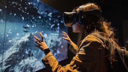 A young woman using a VR headset reaches out towards a space-themed display, with hands extended as if interacting with the environment. The exhibit
