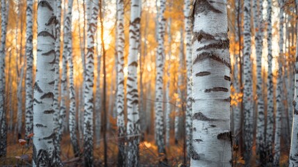 Obraz premium golden hour light filtering through a grove of birch trees, with their white bark glowing in the warm light and the forest floor dappled with soft shadows, with ample copy space for text