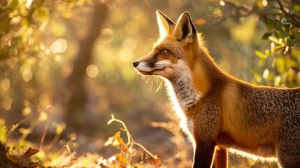 a fox standing in a sunlit clearing in a forest, with the golden hour light casting a warm glow on its fur and the surrounding foliage, creating a serene and natural scene, with copy space for text