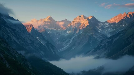 mountain landscape during golden hour with fog creeping over the valleys, soft sunlight illuminating the peaks, creating a peaceful and majestic atmosphere, with copy space for text