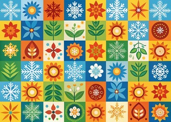 Obraz premium A bold, graphic pattern featuring stylized seasonal icons, including winter's snowflake, spring's flower, summer's sun, and fall's leaf, arranged in a geometric mosaic that shifts
