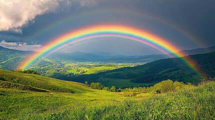 Obraz premium A vibrant, double rainbow arches over a lush, green hilly landscape, casting a mesmerizing view under a cloudy sky.