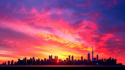 Fototapeta premium vibrant summer sunset behind a silhouette of a city skyline, with a gradient sky transitioning from fiery red to deep purple, with copy space for text