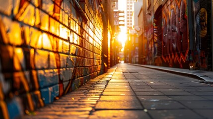 Fototapeta premium city alleyway at golden hour, with warm sunlight streaming in, casting a soft glow on the brick walls and street art, creating a cozy and inviting urban scene, with copy space for text