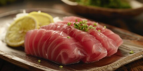 Tuna Sushi presented on a wooden platter