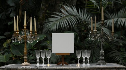 A Table Setting with a Blank Canvas and Candlesticks in a Lush Green Setting