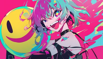 Smiling Anime Girl with Colorful Splatter.