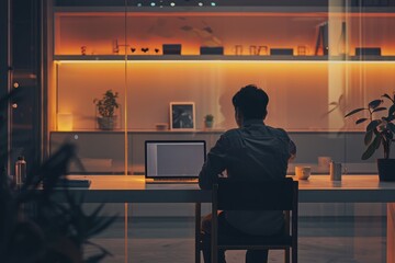Fototapeta premium Man Working on Laptop at Desk in Office