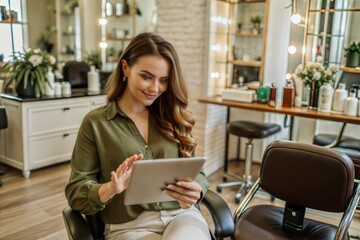 Woman using tablet in beauty salon