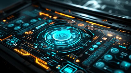 Fototapeta premium A detailed close-up view of a futuristic digital interface featuring intricate blue and orange elements. The design is highly technical, showcasing advanced user interface technology with glowing