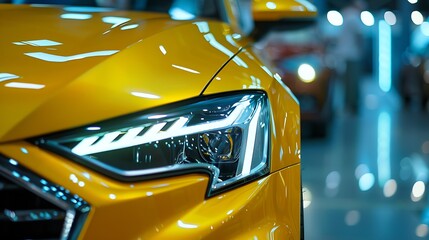 Headlight on a modern yellow car.