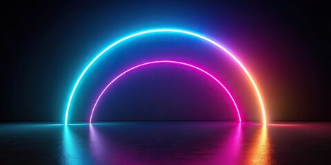 Abstract dark background with neon half circle in forced perspective
