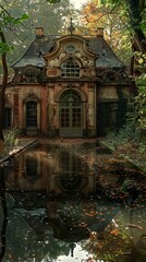 Fototapeta premium A rustic, abandoned house with a pond in front. The house is surrounded by trees, and the pond reflects the house and the trees. The house is in a state of disrepair.