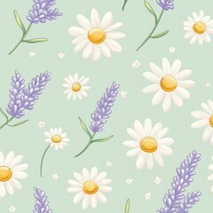 Obraz premium A floral pattern featuring daisies and lavender on a soft green background.