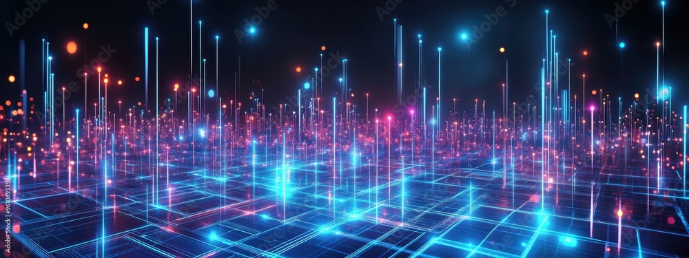 Wall mural A futuristic cityscape with glowing neon lights, digital grid lines and particles, abstract 3D rendering, vibrant colors, technological concept, cyberpunk aesthetic