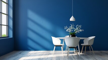 The apartment's bare living room is highlighted by a vibrant blue wall.