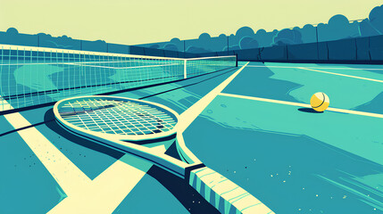 tennis court, featuring blue and green tones. A white net with black edges runs across half of it. The foreground features two rackets facing each other on one side of the scene