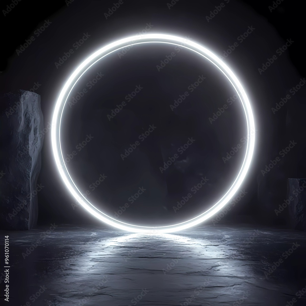 Wall mural Neon white geometric circle on dark background. Round mystical portal.