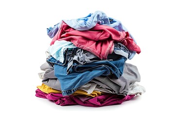 Lots of bright dirty and clean colorful scattered clothes on white background