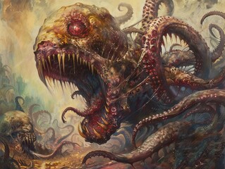 Obraz premium A monstrous creature with sharp teeth and multiple tentacles roars, its red eye glowing menacingly.